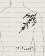 Cybersigilism Sagittarius glyph tattoo stencil download displayed as back shoulder design example, printable arrow glyph stencil.