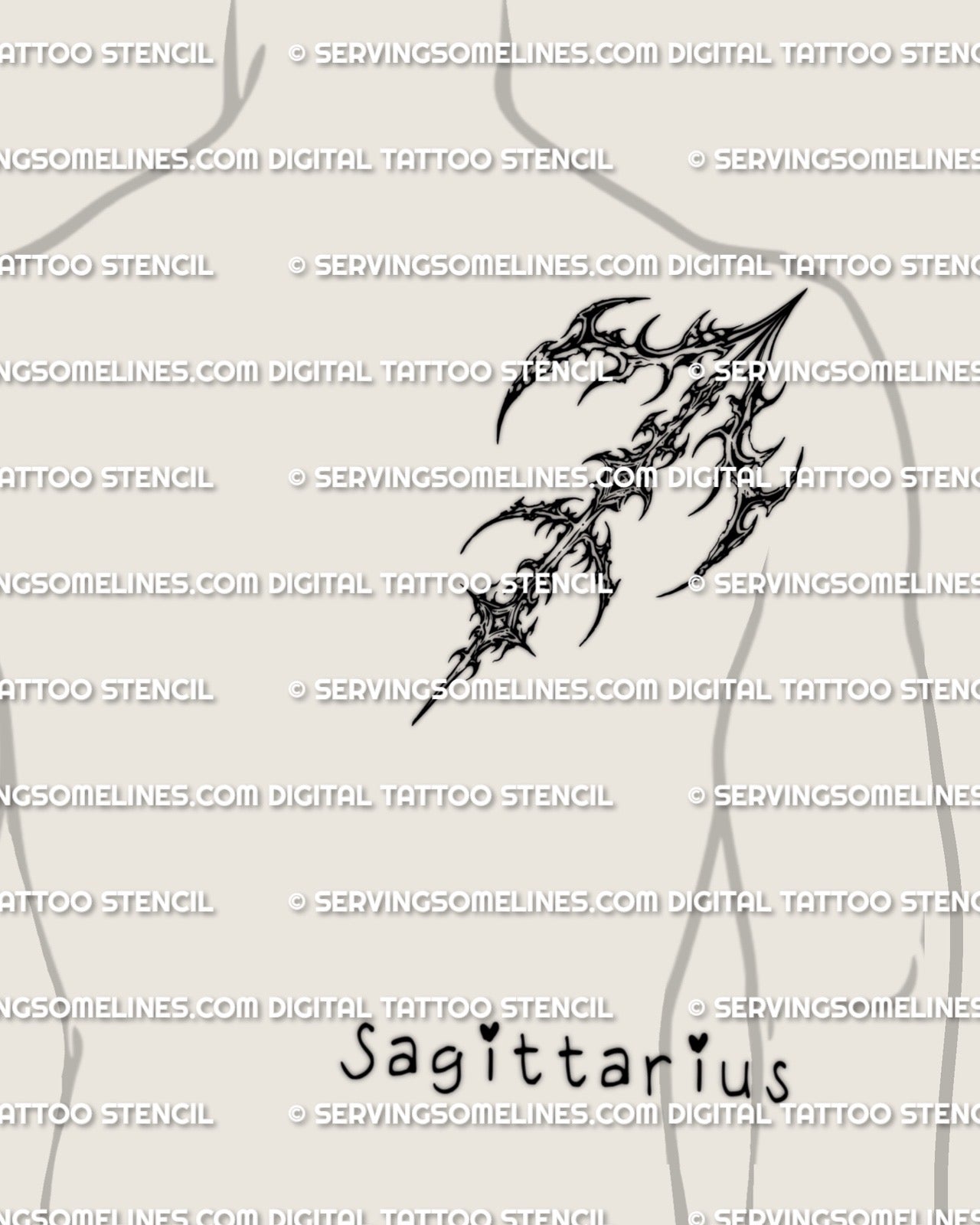 Cybersigilism Sagittarius glyph tattoo stencil download displayed as back shoulder design example, printable arrow glyph stencil.