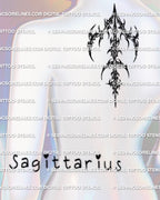 Cybersigilism Sagittarius glyph tattoo stencil download displayed as upper back center design, printable arrow symbol stencil.