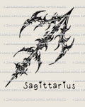 Cybersigilism Sagittarius tattoo stencil with sharp arrow glyph built from cyber sigil strokes and clean negative space.