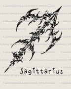 Cybersigilism Sagittarius tattoo stencil with sharp arrow glyph built from cyber sigil strokes and clean negative space.