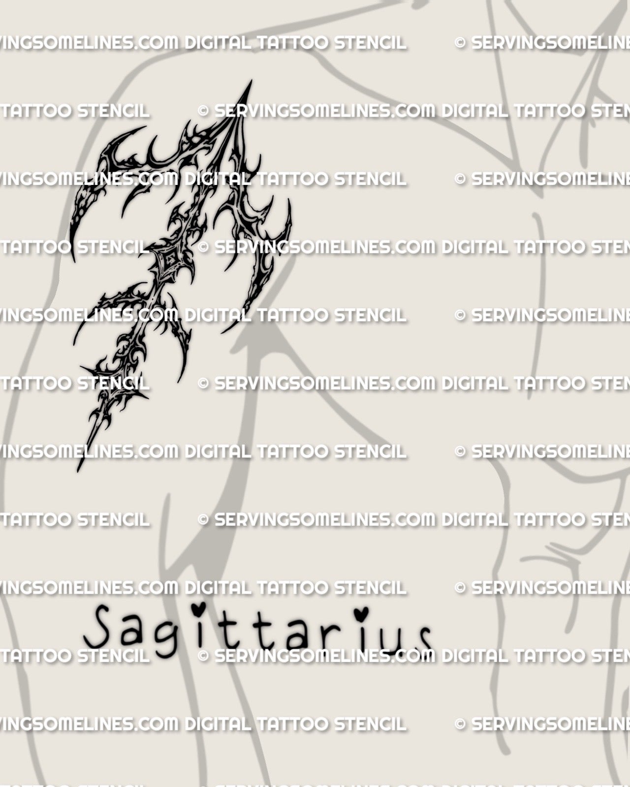Cybersigilism Sagittarius tattoo stencil download, shown on outer upper arm placement example, sharp arrow glyph linework for clean transfer.