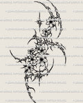 Cybersigilism sakura tattoo stencil design with sharp cherry blossom detailing and a vertical cyber floral silhouette