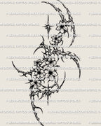 Cybersigilism sakura tattoo stencil design with sharp cherry blossom detailing and a vertical cyber floral silhouette