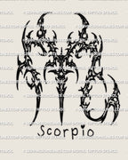 Cybersigilism Scorpio tattoo stencil design, zodiac glyph download file shown as clean black line symbol for printing