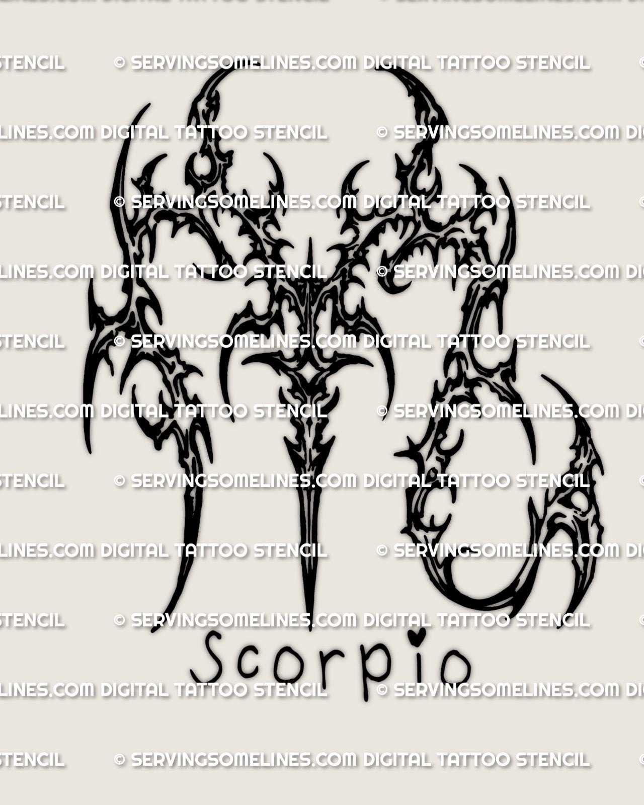 Cybersigilism Scorpio tattoo stencil design, zodiac glyph download file shown as clean black line symbol for printing