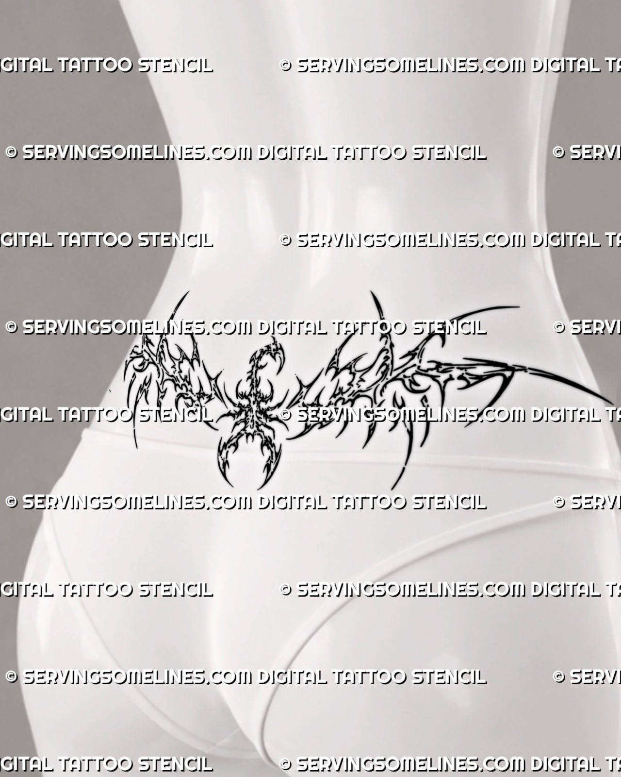 Cybersigilism scorpion lower back tattoo stencil shown on female waist preview with raised tail, open claws, and sharp cyber linework.