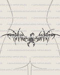 Cybersigilism scorpion tattoo shown on womens lower back placement, with a raised tail, hooked framing, and a sharp waist fit.