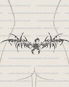 Cybersigilism scorpion tattoo shown on womens lower back placement, with a raised tail, hooked framing, and a sharp waist fit.