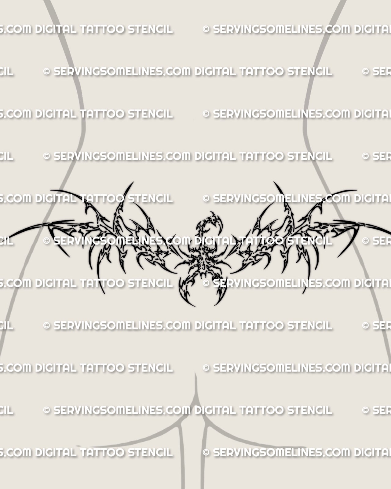Cybersigilism scorpion tattoo shown on womens lower back placement, with a raised tail, hooked framing, and a sharp waist fit.