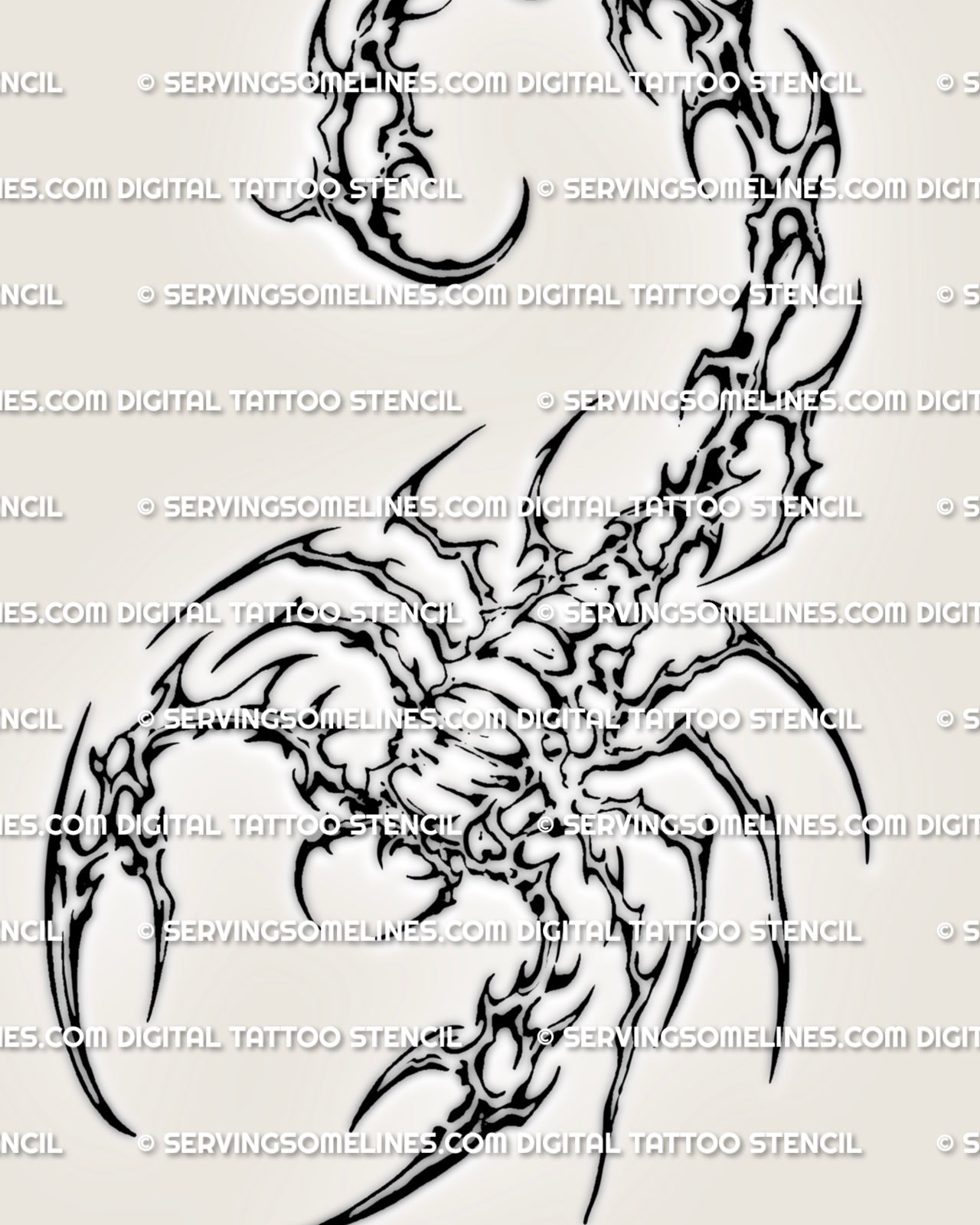 Close view of cybersigilism scorpion tattoo detail with broken black linework, open gaps, sharp hooks, and curved tail