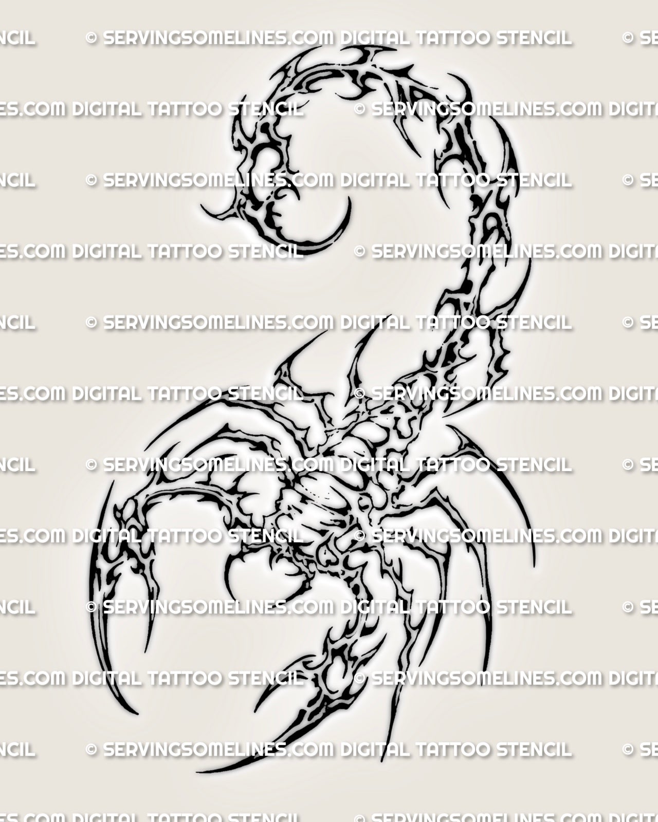 Cybersigilism scorpion tattoo stencil with high curled tail, open claws, fractured linework, and spiked abstract detail