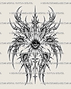 Cybersigilism seraphim angel tattoo stencil design download with six wings, central eye, and cyber sigil wing-eye detailsv