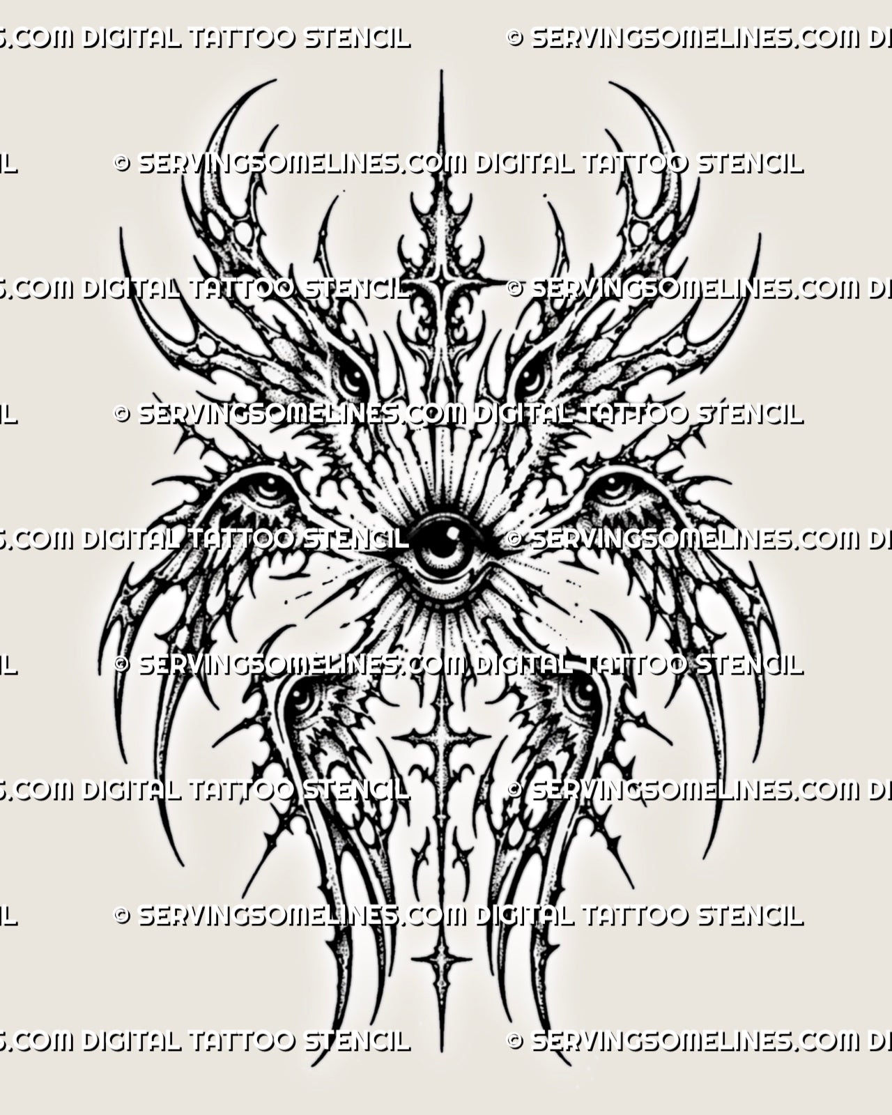 Cybersigilism seraphim angel tattoo stencil design download with six wings, central eye, and cyber sigil wing-eye detailsv