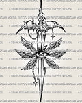Cybersigilism seraphim sword tattoo stencil design with vertical blade, winged eye detail, and gothic chain accents