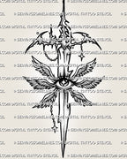 Cybersigilism seraphim sword tattoo stencil design with vertical blade, winged eye detail, and gothic chain accents