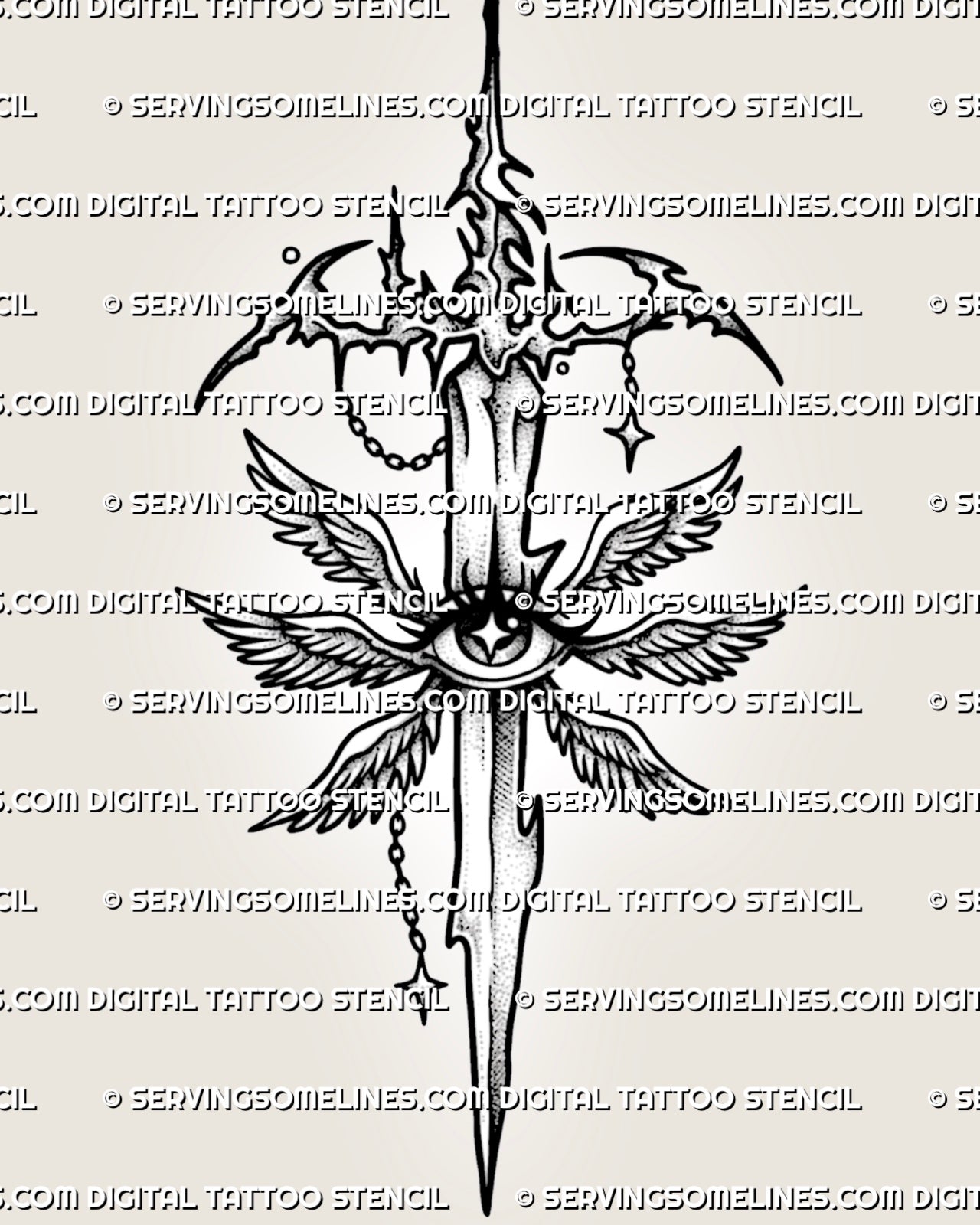 Cybersigilism seraphim sword tattoo stencil design with vertical blade, winged eye detail, and gothic chain accents