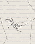 cybersigilism rib tattoo stencil shown on woman’s side breast, spiky organic linework forming abstract cyber tribal torso design