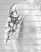 Cybersigilism skull arm tattoo stencil shown on men's upper arm, with sharp skull detail and thorned abstract flow.
