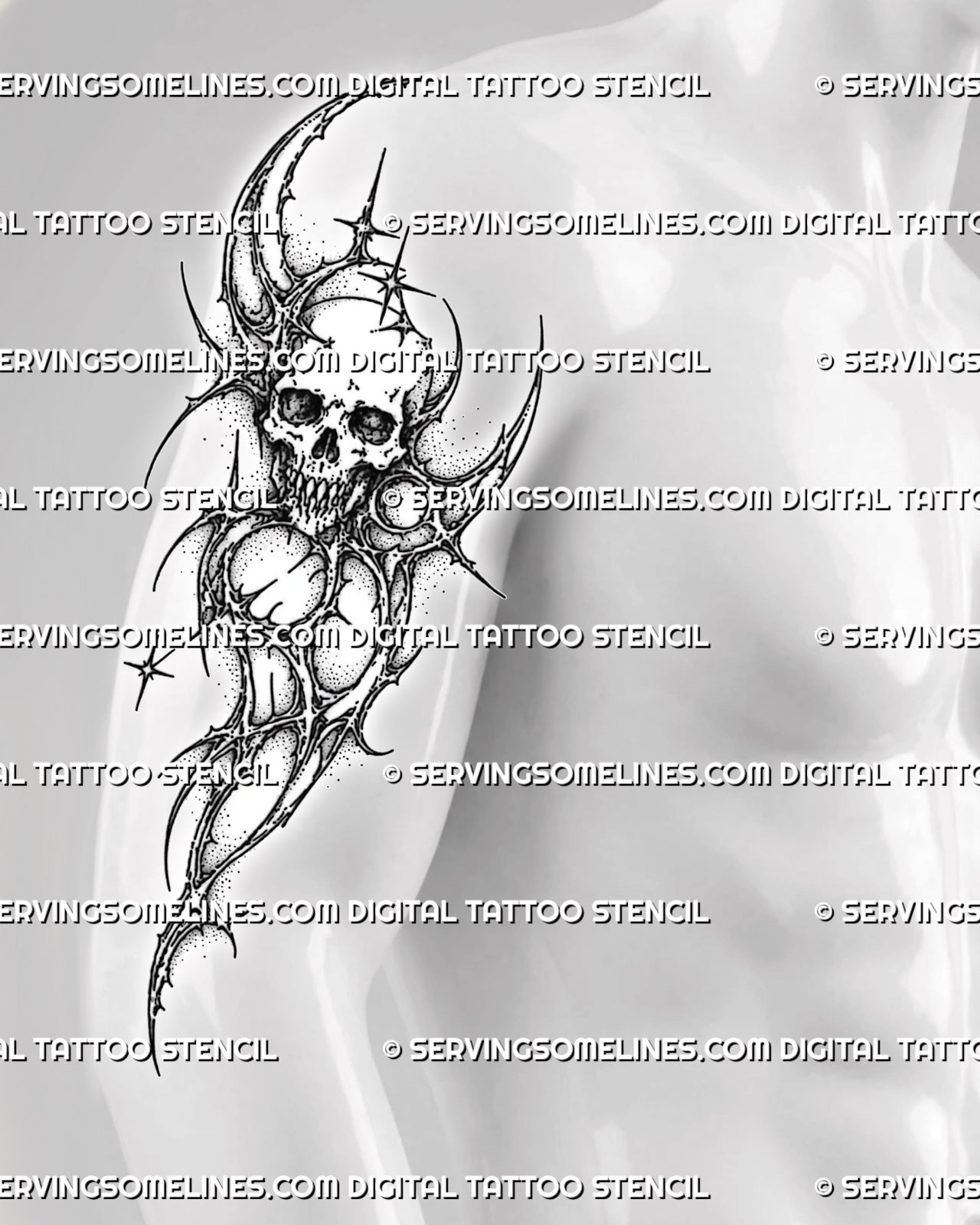 Cybersigilism skull arm tattoo stencil shown on men's upper arm, with sharp skull detail and thorned abstract flow.