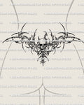 Cybersigilism skull lower back tattoo stencil shown on female silhouette with cyber sigil framing and skull center