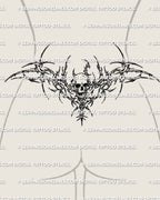 Cybersigilism skull lower back tattoo stencil shown on female silhouette with cyber sigil framing and skull center