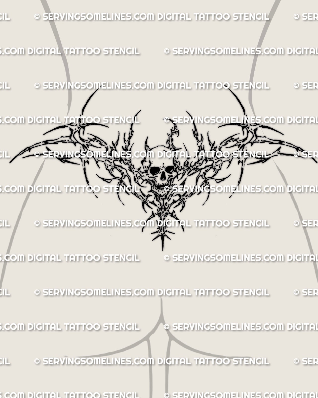 Cybersigilism skull lower back tattoo stencil shown on female silhouette with cyber sigil framing and skull center