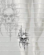 Cybersigilism skull stencil shown on shin placement preview, sharp silhouette digital download for stencil printing.