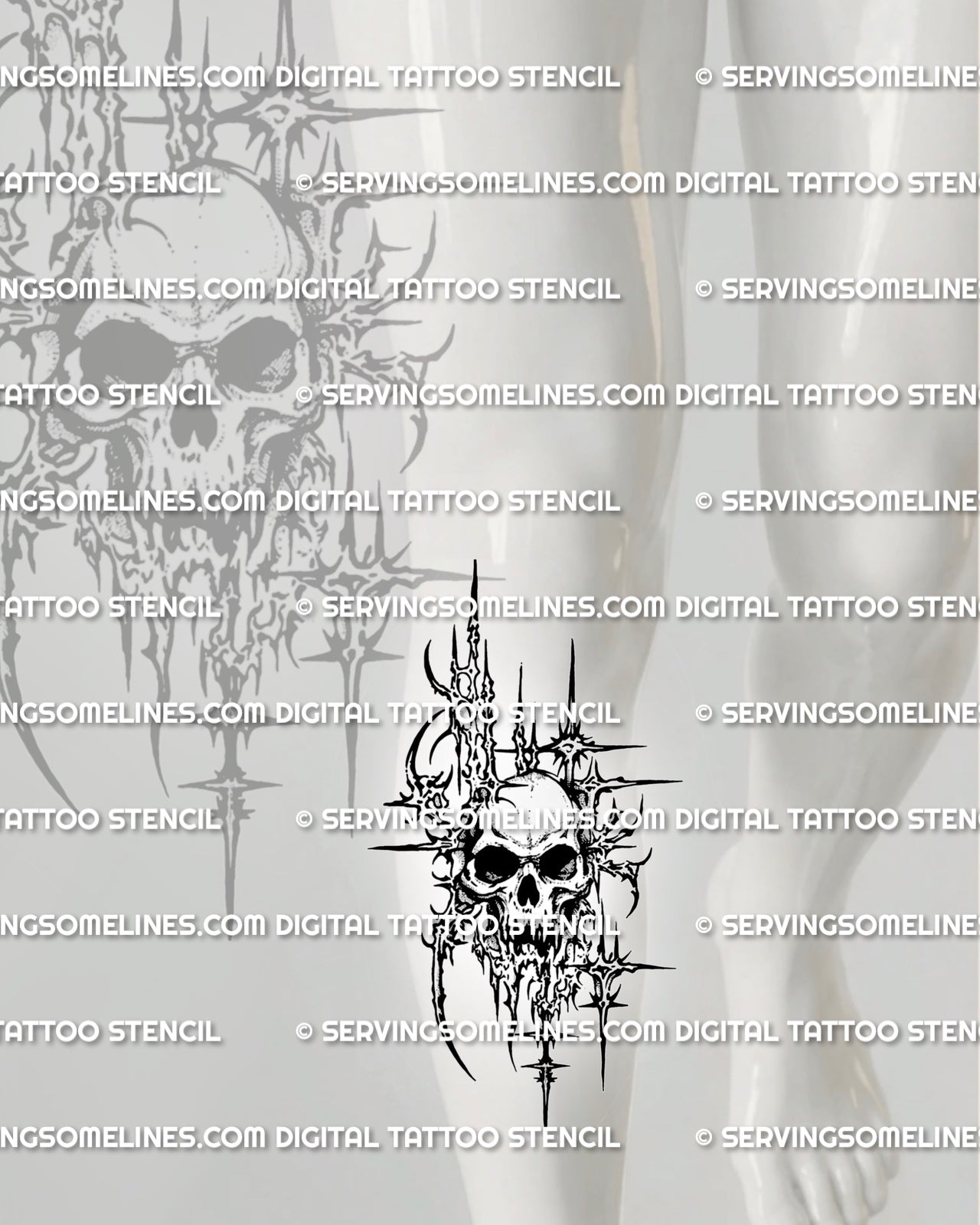 Cybersigilism skull stencil shown on shin placement preview, sharp silhouette digital download for stencil printing.