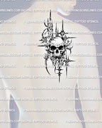 Cybersigilism skull tattoo stencil displayed on shoulder blade placement example, printable PNG JPG PDF stencil files.