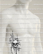 Skull tattoo stencil download shown on side stomach placement preview, cyber sigil frame skull design for stencil transfer.