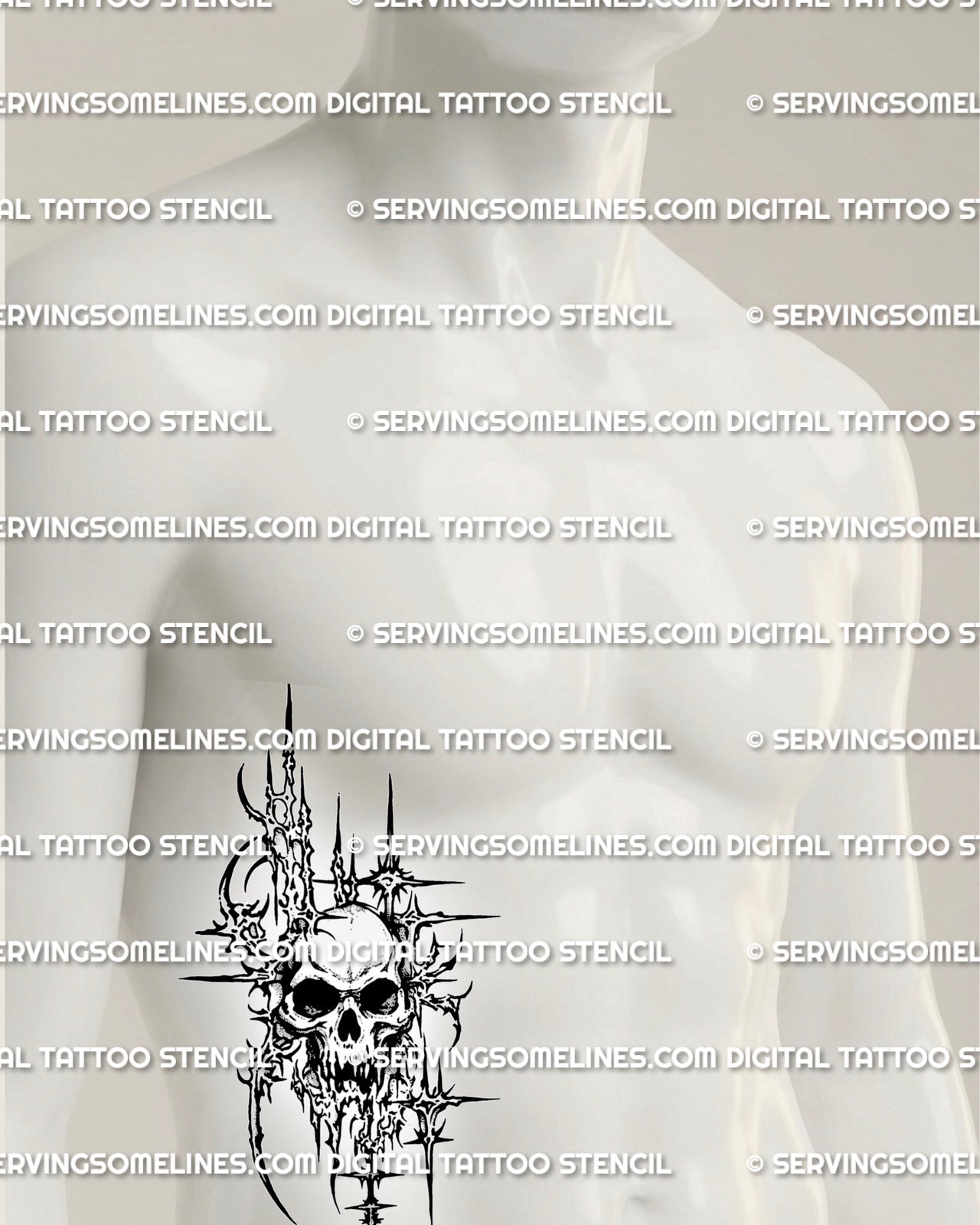 Skull tattoo stencil download shown on side stomach placement preview, cyber sigil frame skull design for stencil transfer.