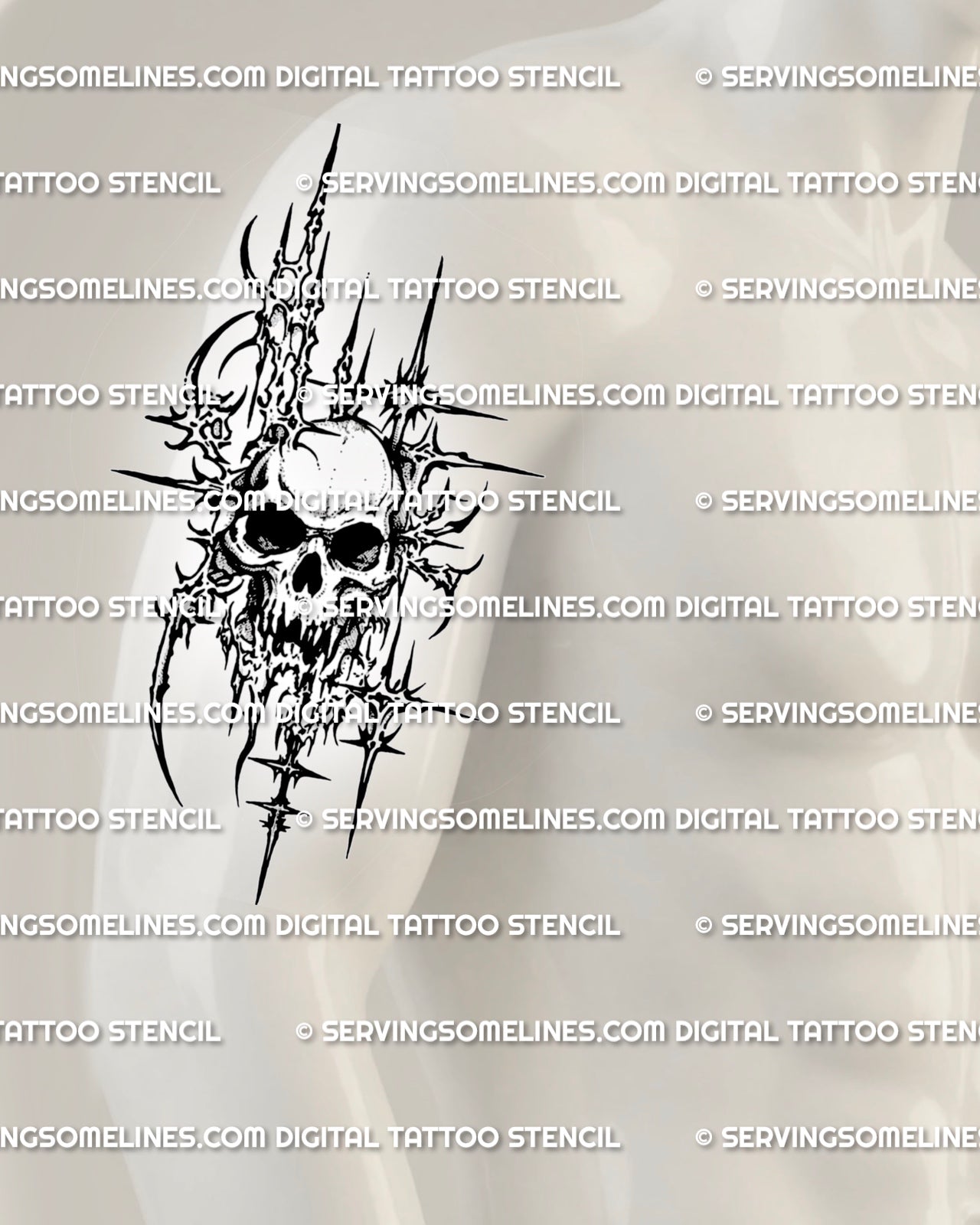 Sigil skull tattoo stencil shown on upper arm placement preview, cyber skull tattoo stencil download with PNG JPG PDF.