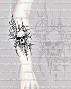 Cyber sigilism skull stencil shown on forearm placement preview, digital tattoo design files for clean stencil printing.