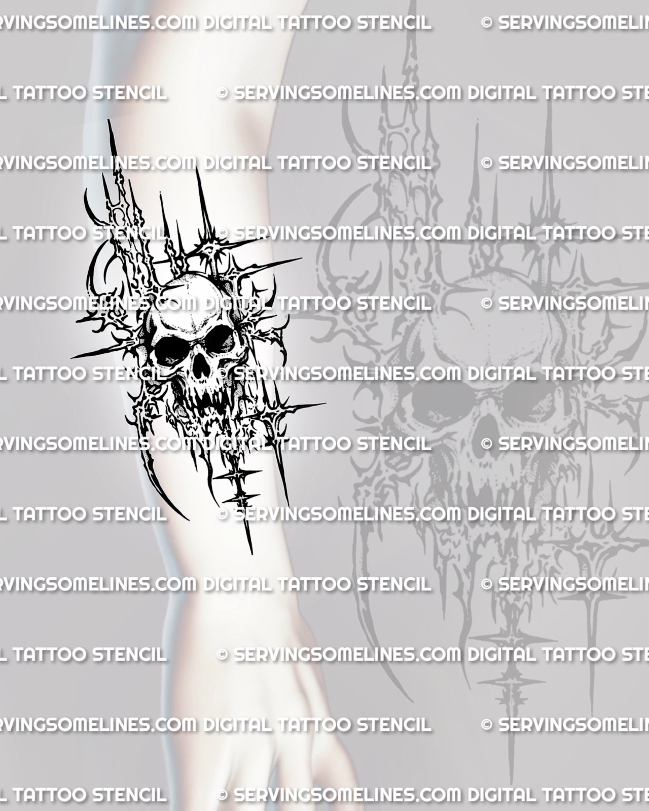Cyber sigilism skull stencil shown on forearm placement preview, digital tattoo design files for clean stencil printing.