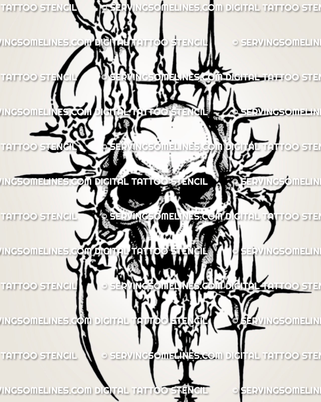 Cybersigilism skull tattoo stencil download, spiked sigil frame with drip accents, printable PNG JPG PDF files for stencil use.