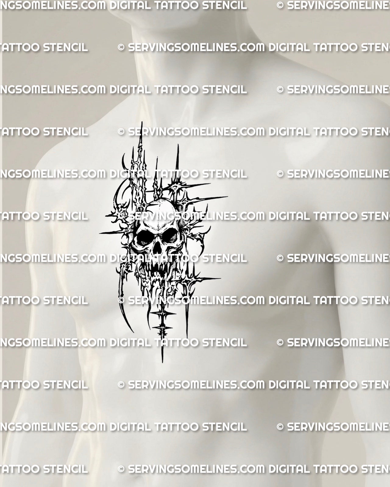 Cyber skull tattoo stencil displayed on chest placement example, crisp printable stencil download for tattoo artists.