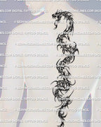 Cybersigilism snake spine tattoo stencil shown on men’s back placement with a readable vertical serpent flow and sharp body structure