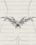 Cybersigilism spider lower back tattoo stencil shown in lower back placement, wide spider design with printable PNG JPG PDF files.