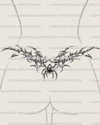 Cybersigilism spider lower back tattoo stencil shown in lower back placement, wide spider design with printable PNG JPG PDF files.