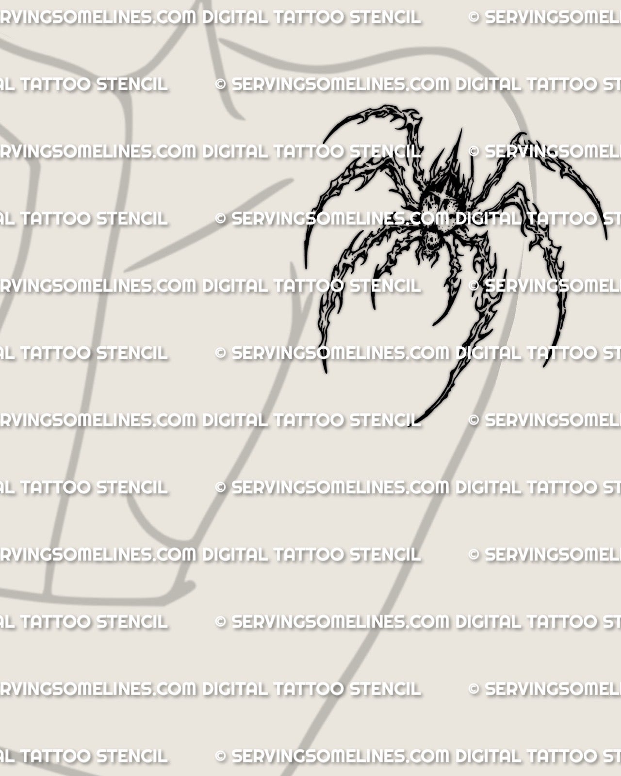 Cybersigilism spider tattoo displayed on upper arm placement example, digital stencil download, PNG JPG PDF included
