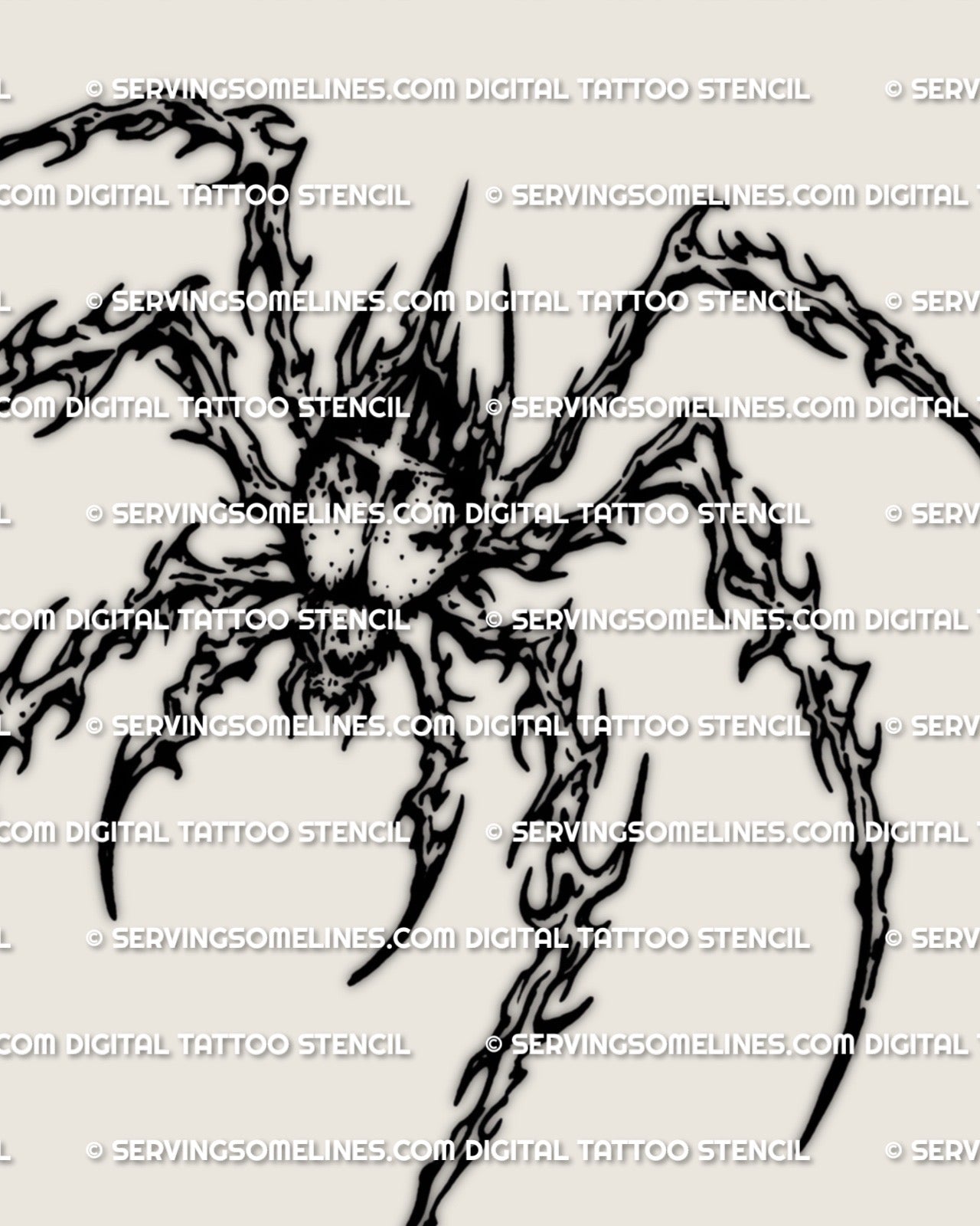 Cybersigilism spider tattoo stencil download, sharp arachnid lines, blackwork style, printable PNG PDF for tattoo transfer