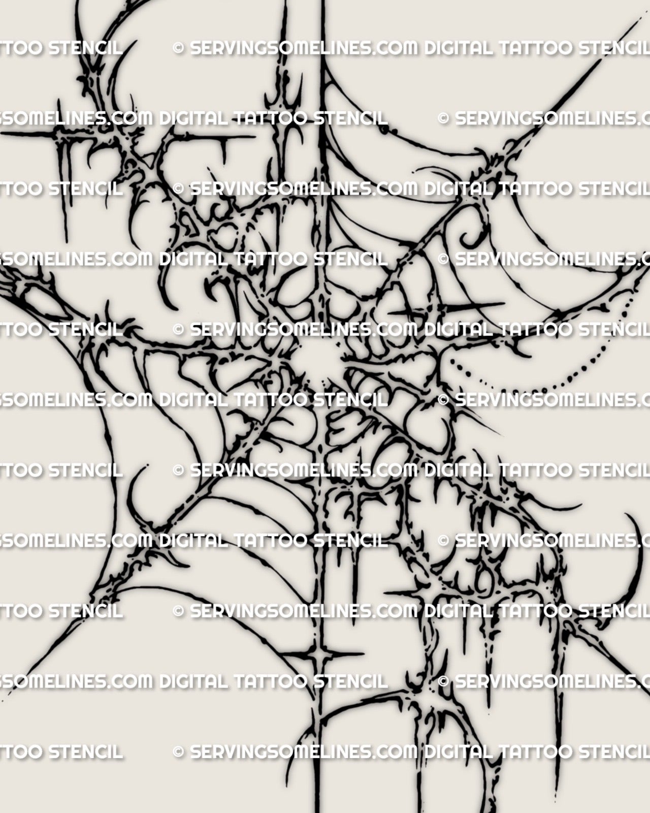 Cybersigilism spider web tattoo stencil design, dark symmetrical web with printable PNG JPG PDF files for clean transfer.