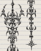 Close view of a cybersigilism spine tattoo stencil with sharp tribal details and vertical back design