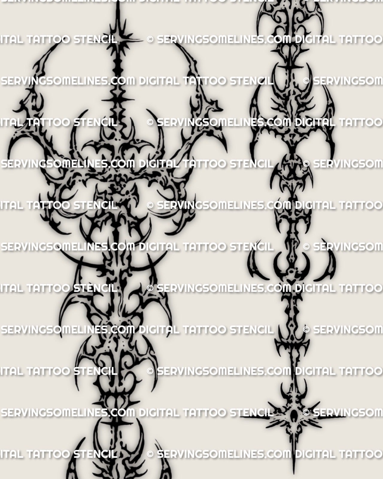 Close view of a cybersigilism spine tattoo stencil with sharp tribal details and vertical back design
