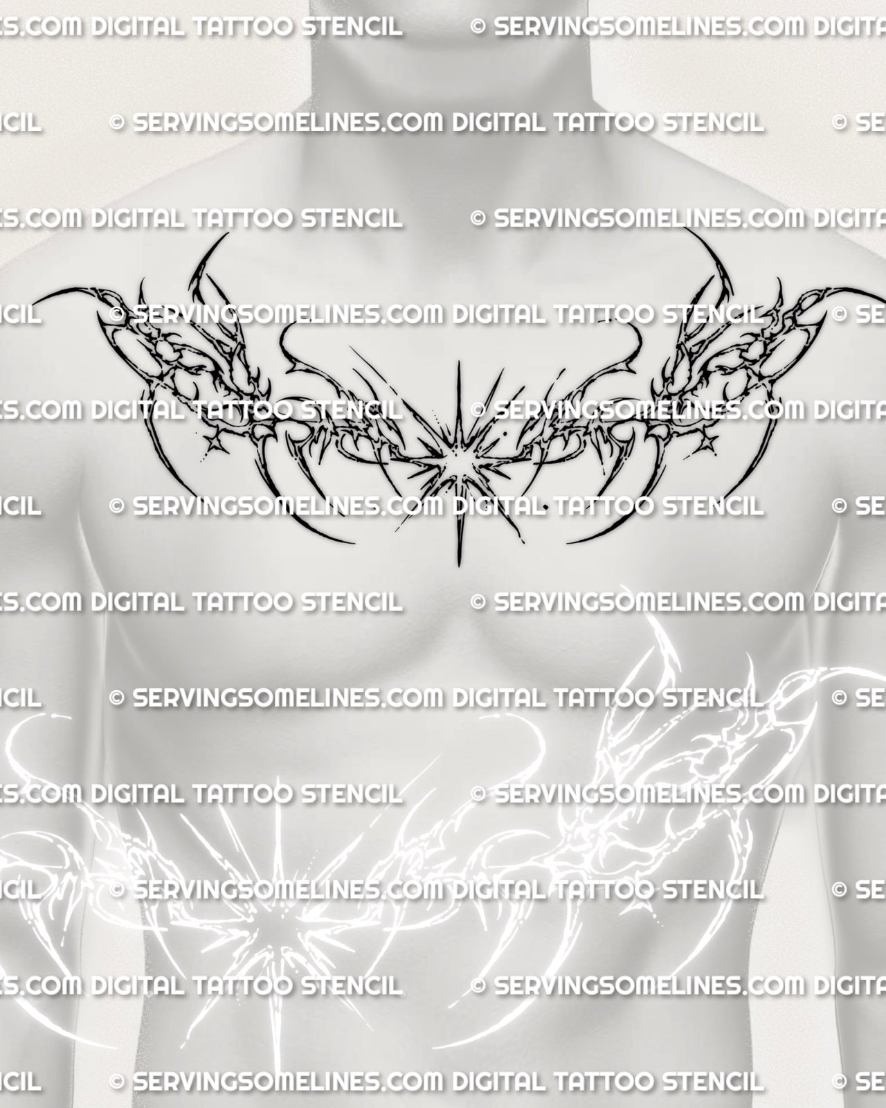 Cybersigilism star chest tattoo shown on men’s chest placement with a central starburst and sharp collarbone-reaching spread