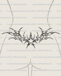 Cybersigilism star lower back tattoo shown on female lower back placement with a central star and symmetrical waist-framing spread