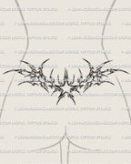 Cybersigilism star lower back tattoo shown on female lower back placement with a central star and symmetrical waist-framing spread