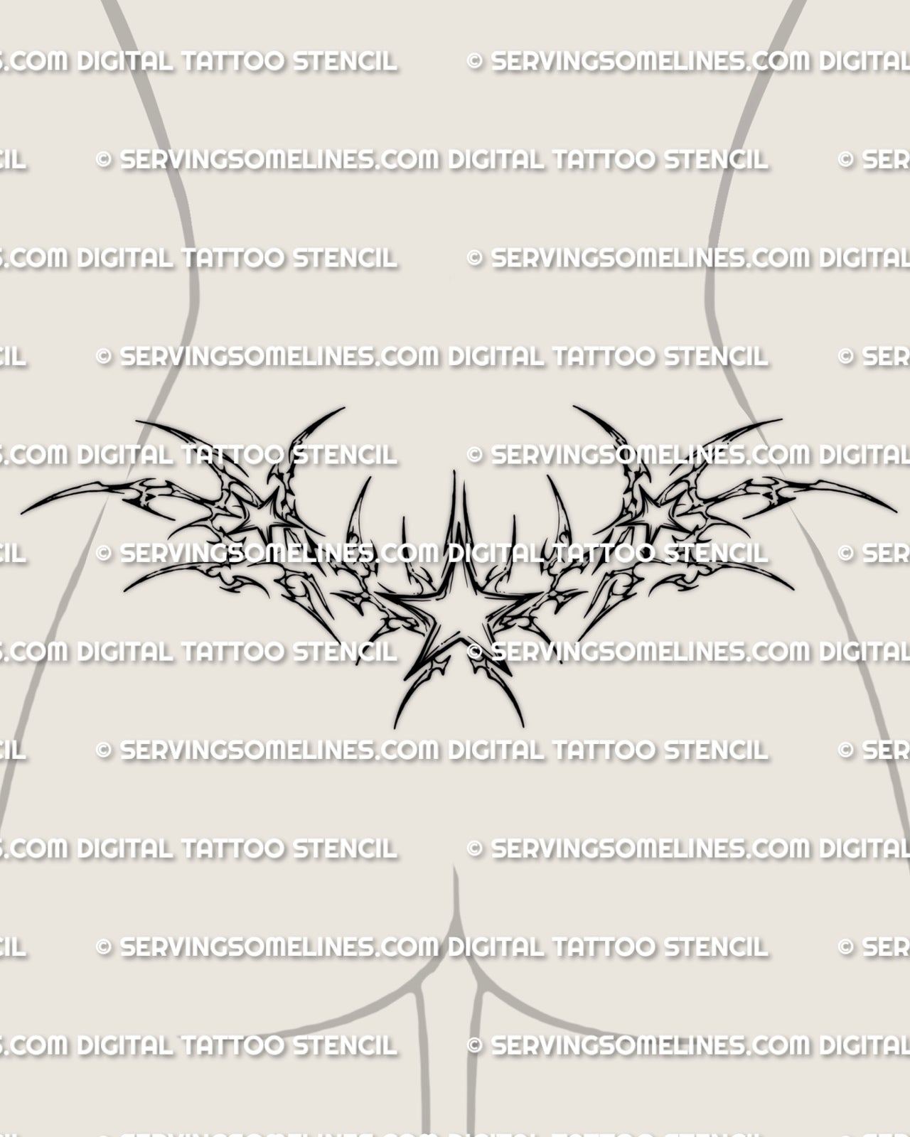 Cybersigilism star lower back tattoo shown on female lower back placement with a central star and symmetrical waist-framing spread