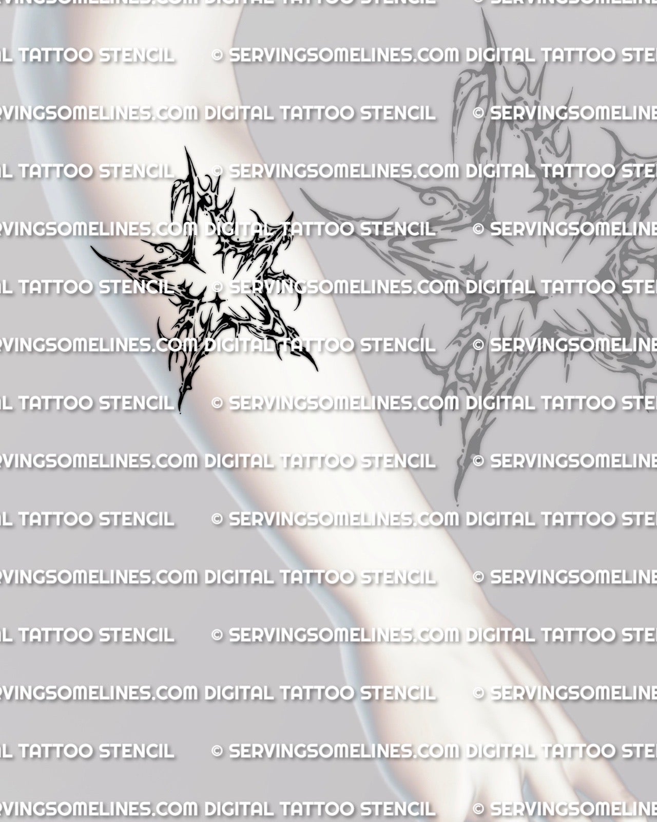 Cybersigilism star tattoo stencil displayed on forearm placement, sigil star tattoo with cut line details, digital download
